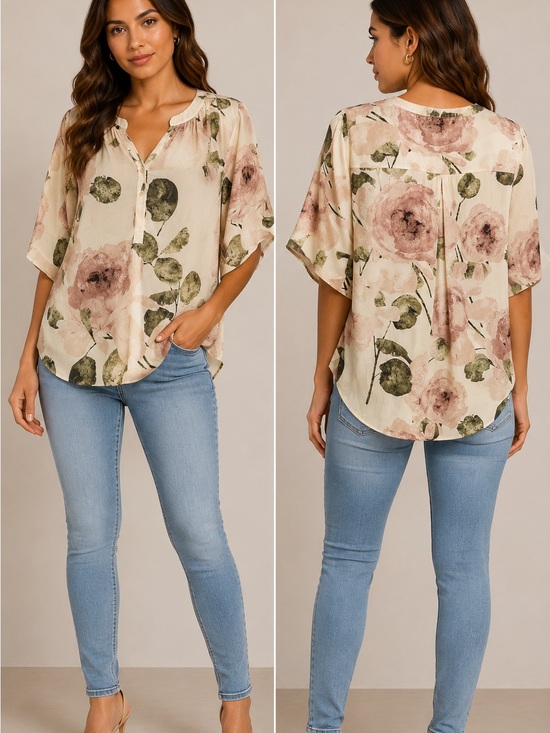 Jennifer Lopez Tops - Jennifer Lopez Cream Blouse with Dusty Pink Floral Print
